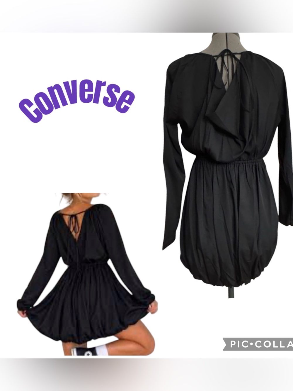 Converse Black Long-Sleeve Tie-Back Mini Dress Shirt - S